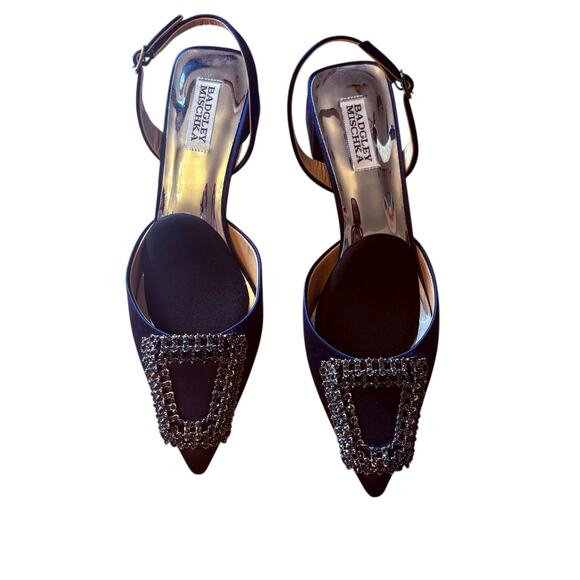 Badgley Mischka Navy Satin Pointed-Toe Slingback Heels w/ Crystal Buckle sz 8.5 - Picture 12 of 12